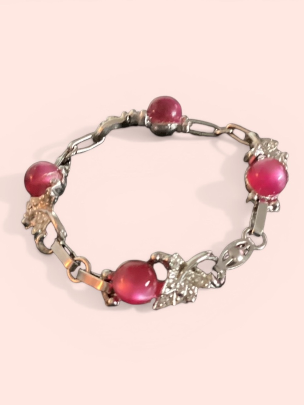 Silver-Tone Bracelet With Dark Pink Beads
